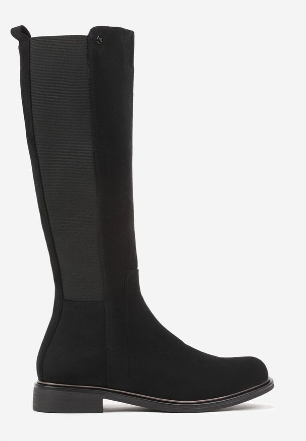 Renee - Czarne Kozaki z Ekozamszu na Płaskiej Podeszwie w Stylu Oficerek z Gumką Ansista. Okazja: na co dzień, na randkę, na spacer. Kolor: czarny. Obcas: na płaskiej podeszwie. Styl: casual, elegancki