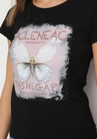 Born2be - Czarny Bawełniany T-shirt z Nadrukiem Motyla i Cyrkoniami Uliriela. Okazja: na co dzień. Kolor: czarny. Materiał: bawełna. Wzór: nadruk. Sezon: lato. Styl: klasyczny, casual #6
