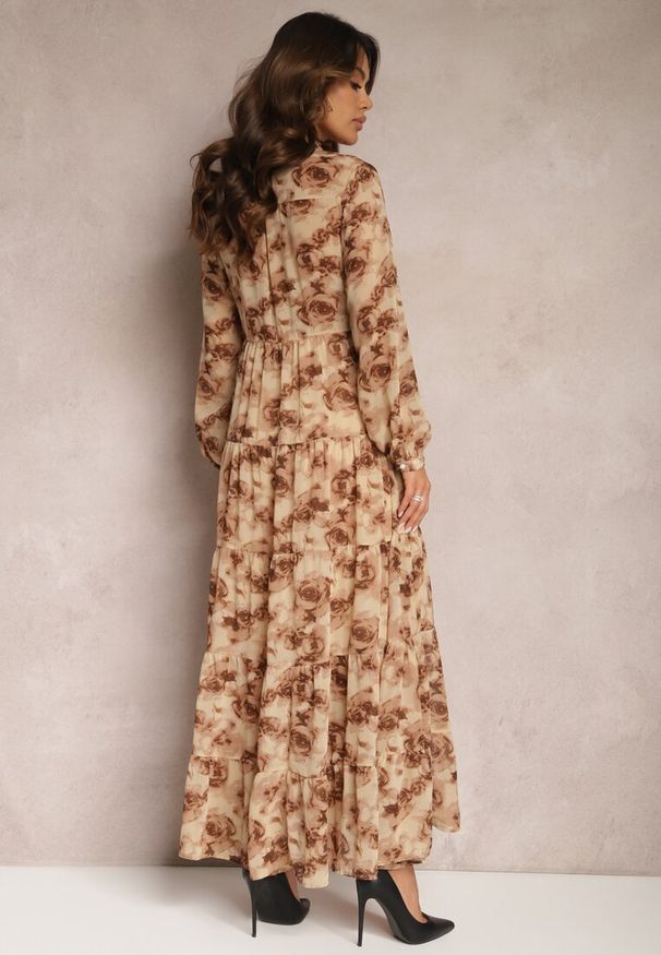 Renee - Beżowa Rozkloszowana Sukienka Koszulowa Maxi w Kwiaty Nersa. Kolor: beżowy. Wzór: kwiaty. Typ sukienki: koszulowe. Długość: maxi
