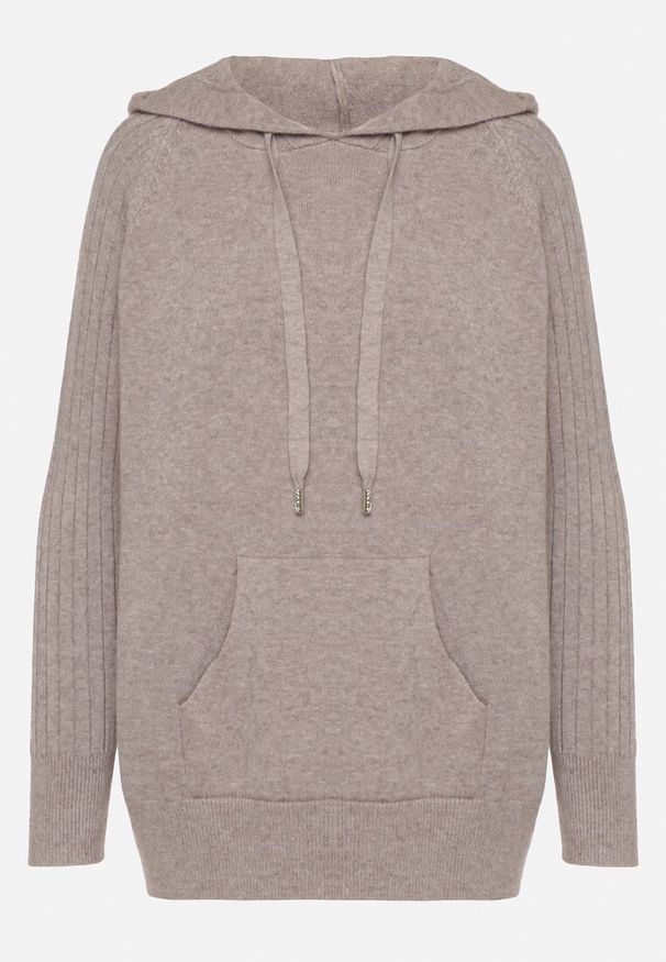 Born2be - Ciemnobrązowy Sweter z Kapturem i Kieszenią z Domieszką Kaszmiru Neriele. Okazja: na co dzień. Typ kołnierza: kaptur. Kolor: brązowy. Materiał: kaszmir. Wzór: aplikacja. Styl: casual