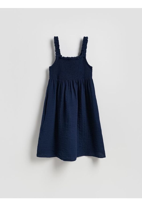 Reserved - Muślinowa sukienka mini - granatowy. Kolor: niebieski. Materiał: bawełna. Długość: mini