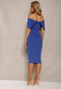 Renee - Granatowa Elegancka Sukienka Koktajlowa Hiszpanka o Dopasowanym Kroju Nuelia. Typ kołnierza: dekolt hiszpanka. Kolor: niebieski. Materiał: dzianina. Sezon: lato. Styl: wizytowy, elegancki