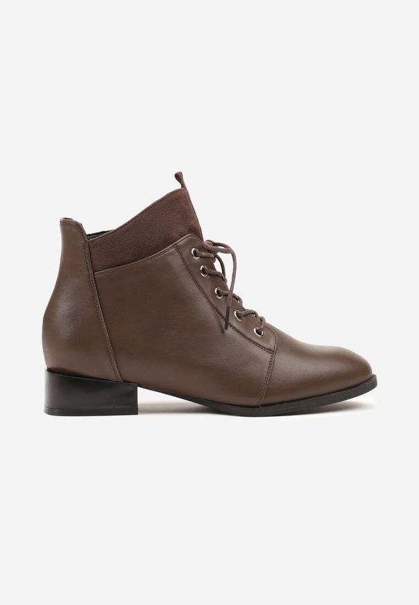 Renee - Brązowe Botki Trzewiki Vices Ozdobione Przeszyciami Vamine. Kolor: brązowy. Materiał: jeans, skóra. Wzór: aplikacja. Styl: elegancki
