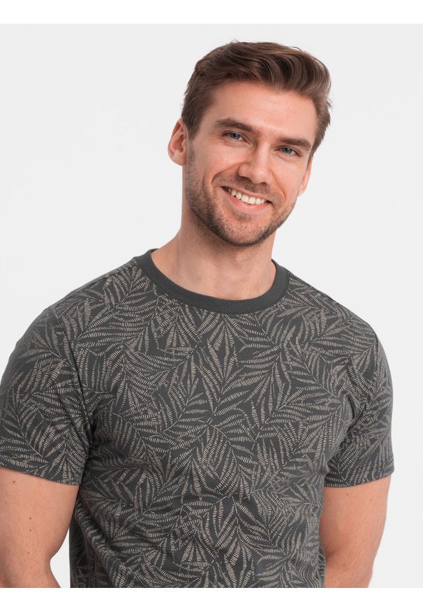 Ombre Clothing - T-shirt męski fullprint w liście palmy - grafitowy V4 - Rozmiar: XXL. Okazja: na co dzień. Kolor: szary. Materiał: bawełna, skóra. Styl: casual