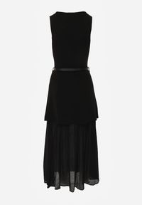 Renee - Czarna Dzianinowa Sukienka z Wiskozą Zdobiona Podszewką i Paskiem z Klamrą Arkilia. Okazja: na co dzień. Kolor: czarny. Materiał: dzianina, wiskoza. Wzór: aplikacja. Styl: casual #6