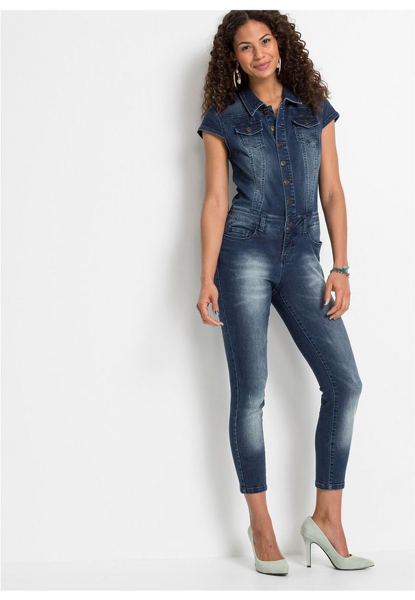 Kombinezon dżinsowy z guzikami bonprix ciemnoniebieski denim. Kolor: niebieski. Materiał: denim. Styl: elegancki