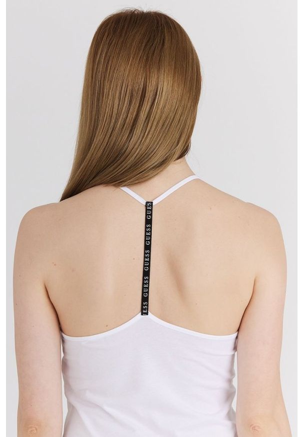 Guess - GUESS Biała sukienka damska na ramiączka z trójkątnym logo, Rozmiar L. Kolor: biały. Materiał: bawełna. Długość rękawa: na ramiączkach. Wzór: nadruk