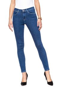 Wrangler - WRANGLER HIGH RISE SKINNY BLUE NOISE W27HFS047. Stan: podwyższony. Wzór: jednolity, aplikacja