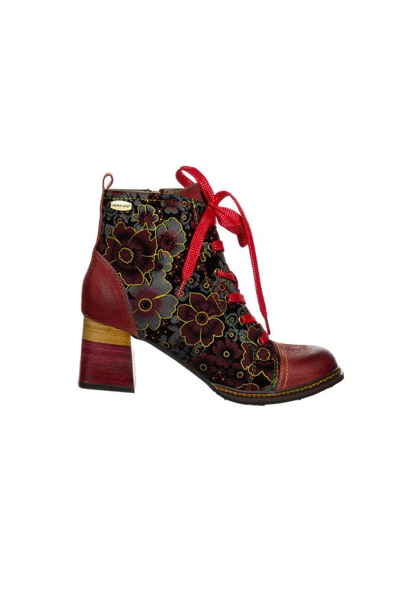 Trzewiki Laura Vita Rejineo 78 Grenat 202102, Czerwony, Skóra naturalna - 38. Kolor: czerwony. Materiał: skóra. Szerokość cholewki: normalna. Wzór: kwiaty, aplikacja, gładki. Styl: elegancki