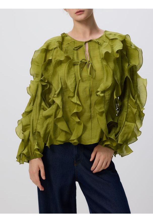 Reserved - Bluzka z falbanami - oliwkowy. Kolor: oliwkowy. Materiał: tkanina