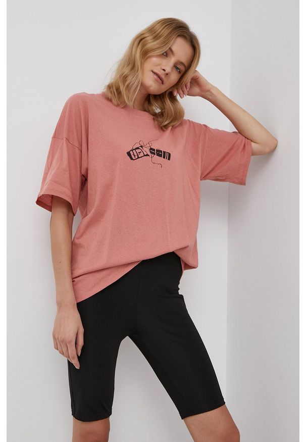 Volcom T-shirt bawełniany kolor różowy. Kolor: pomarańczowy. Materiał: bawełna. Wzór: nadruk