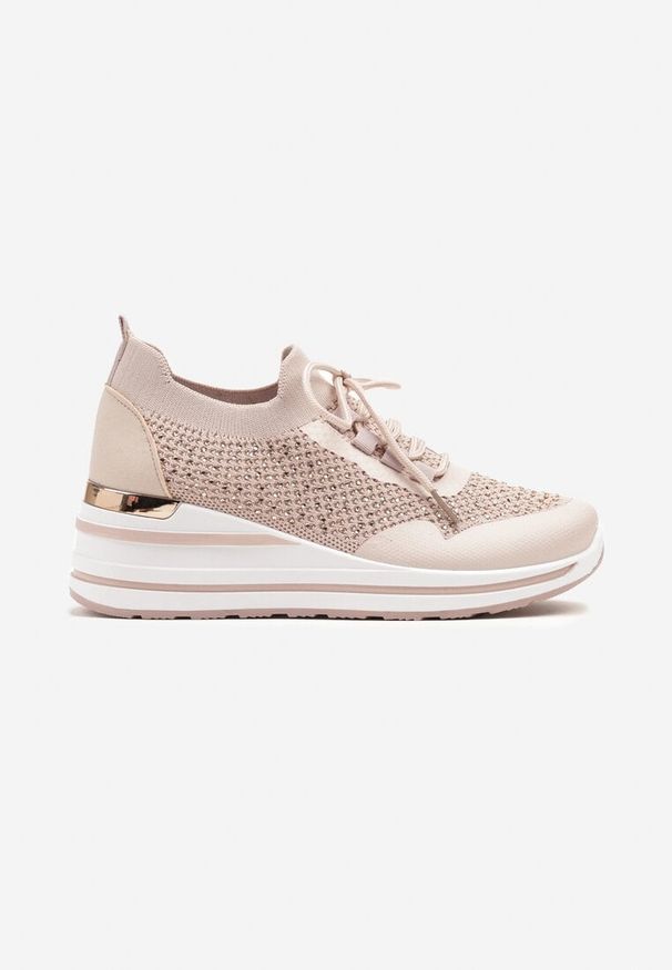 Renee - Różowe Sneakersy na Koturnie Ozdobione Metaliczną Aplikacją i Cyrkoniami Fasilna. Okazja: na co dzień, na spacer. Kolor: różowy. Wzór: aplikacja. Sezon: lato. Obcas: na koturnie. Sport: turystyka piesza
