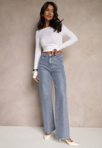 Renee - Niebieskie Jeansy High Waist z Cyrkoniami o Szerokim Kroju Raviae. Okazja: na co dzień. Stan: podwyższony. Kolor: niebieski. Styl: casual, elegancki