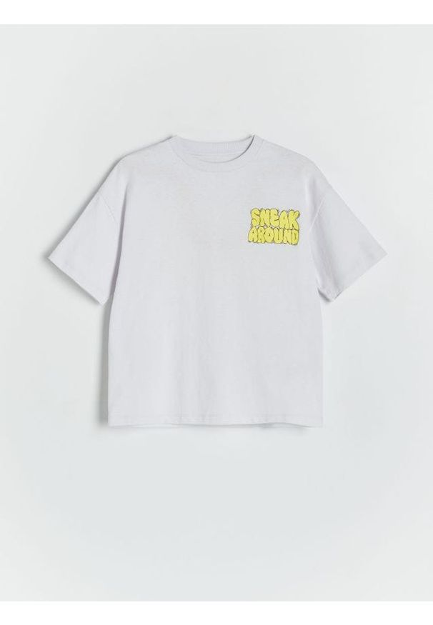 Reserved - T-shirt oversize z nadrukiem - jasnoszary. Kolor: szary. Materiał: dzianina, bawełna. Wzór: nadruk