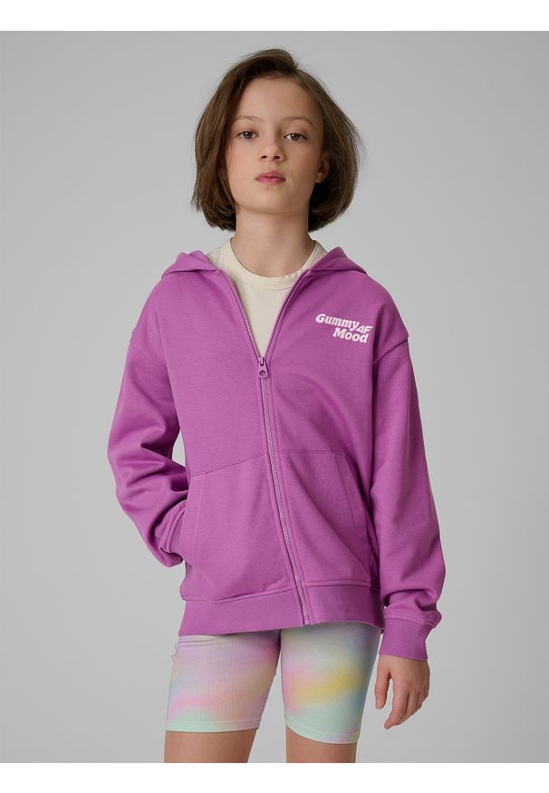 4f - 4F Bluza dresowa loose z kapturem dziewczęca - fioletowa 158/164 (12-14 lat). Okazja: na co dzień, na uczelnię. Typ kołnierza: kaptur. Kolor: fioletowy. Materiał: dresówka. Sezon: lato. Styl: casual