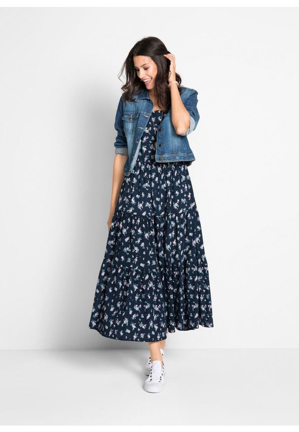 bonprix - Sukienka z czystej bawełny. Kolor: niebieski. Materiał: bawełna. Długość rękawa: krótki rękaw. Wzór: nadruk. Sezon: lato. Długość: maxi