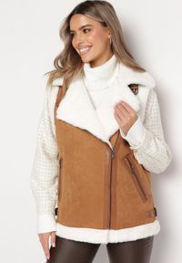 Born2be - Brązowa Kamizelka Bezrękawnik w Stylu Biker z Ekozamszu z Futerkiem Terone. Kolor: brązowy. Materiał: futro. Długość rękawa: bez rękawów. Wzór: aplikacja #5