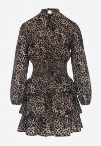 Renee - Brązowa Mini Sukienka o Rozkloszowanym Fasonie w Cętki z Falbankami Gerttera. Okazja: na co dzień. Typ kołnierza: kołnierz z falbankami. Kolor: brązowy. Długość rękawa: na ramiączkach. Styl: casual, klasyczny. Długość: mini #5