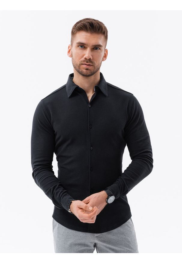 Ombre Clothing - Koszula dzianinowa męska SLIM FIT z długim rękawem – czarna V4 OM-SHCS-0177 - L. Kolor: czarny. Materiał: dzianina. Długość rękawa: długi rękaw. Długość: długie