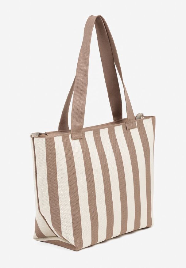 Renee - Beżowa Torebka Shopperka z Suwakiem w Paski Saloniela. Kolor: beżowy. Wzór: paski. Styl: elegancki, casual