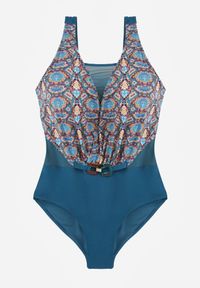 Born2be - Niebieski Kopertowy Strój Kąpielowy Jednoczęściowy z Siateczką i Paskiem Raera. Kolor: niebieski. Materiał: len #2
