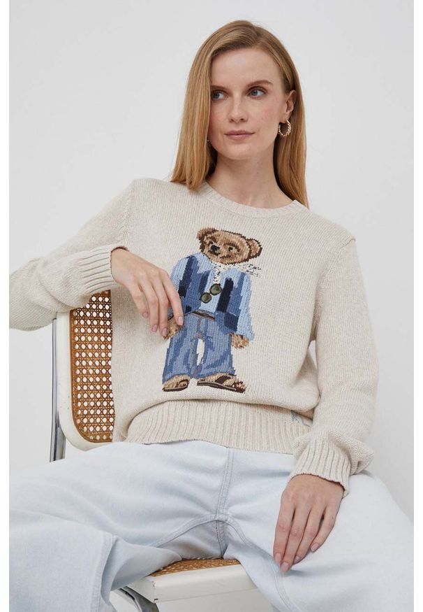 Polo Ralph Lauren sweter bawełniany kolor beżowy lekki. Typ kołnierza: polo. Kolor: beżowy. Materiał: bawełna. Długość rękawa: długi rękaw. Długość: długie. Styl: klasyczny