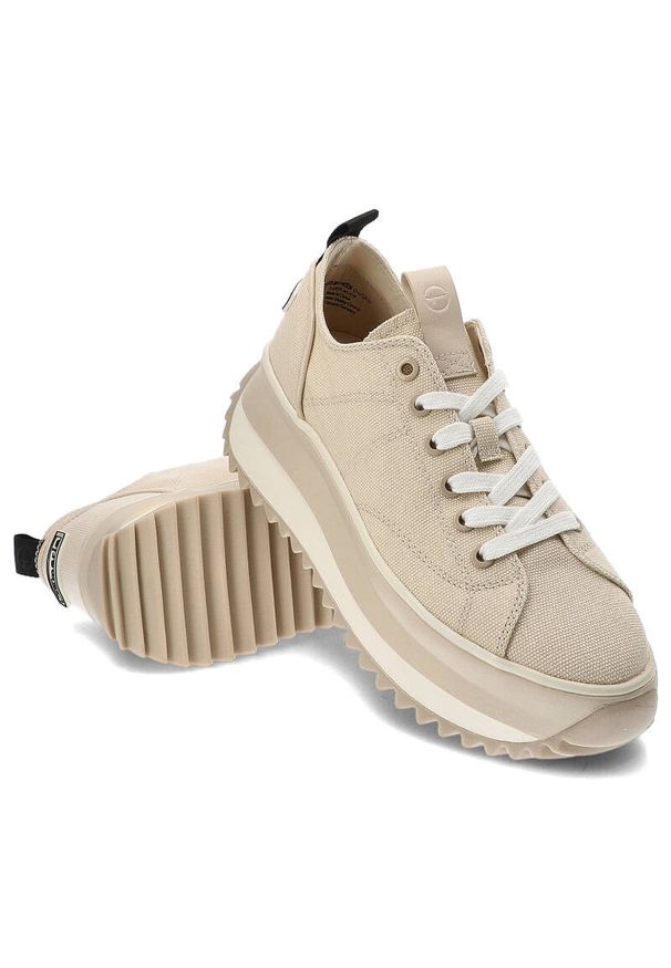 Beżowe Sneakersy Tamaris Damskie Buty Na Platformie. Zapięcie: sznurówki. Kolor: beżowy. Materiał: materiał. Wzór: aplikacja. Obcas: na platformie. Sport: turystyka piesza
