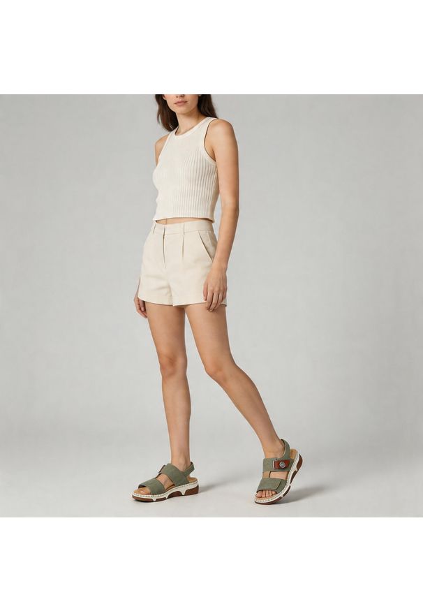 Sandały damskie Rieker, cholewka ze skóry ekologicznej zapinane na rzep z materiałowym wnętrzem, zielone, 66280-52. Zapięcie: rzepy. Kolor: zielony. Materiał: materiał, skóra ekologiczna