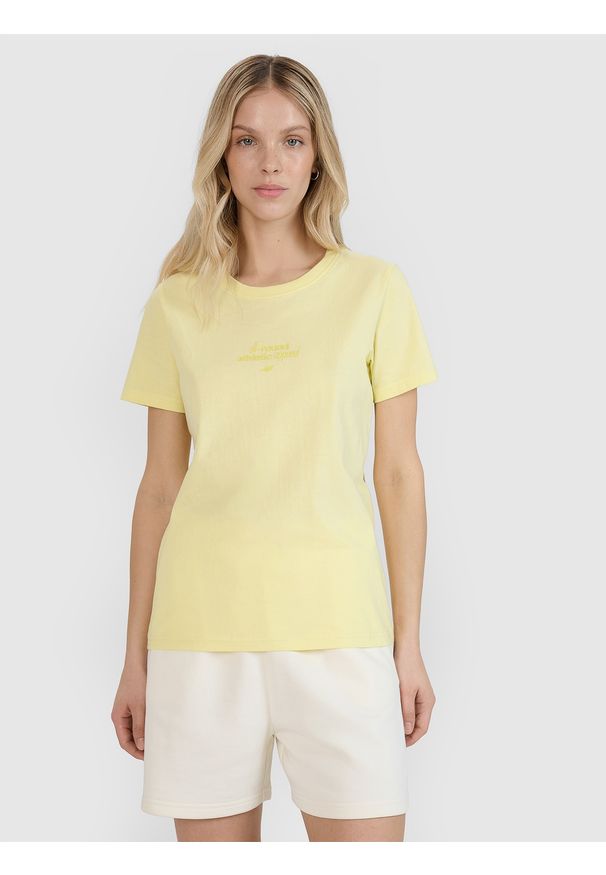 4f - 4F T-shirt regular z nadrukiem damski - żółty XS. Okazja: na co dzień. Kolor: żółty. Materiał: bawełna, jersey, dzianina, materiał. Długość rękawa: krótki rękaw. Długość: krótkie. Wzór: nadruk. Styl: sportowy, casual, klasyczny