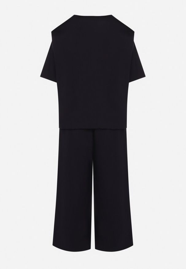 Born2be - Granatowy Komplet z Wiskozą Szerokie Spodnie i Bluzka z Dekoltem w Serek Zeilora. Kolor: niebieski. Materiał: wiskoza