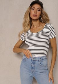 Renee - Biało-Granatowy Bawełniany T-shirt Koszulka w Paski z Krótkim Rękawem Fralea. Kolor: biały. Materiał: bawełna. Długość rękawa: krótki rękaw. Długość: krótkie. Wzór: paski