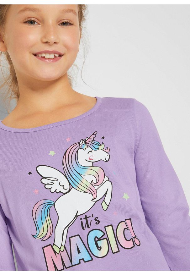 bonprix - Shirt z długim rękawem (2 szt.), z czystej bawełny organicznej. Kolor: fioletowy. Materiał: bawełna. Długość rękawa: długi rękaw. Długość: długie. Wzór: nadruk