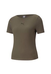 Puma - T-shirt Damski Prążkowana Slim. Kolor: zielony. Materiał: prążkowany
