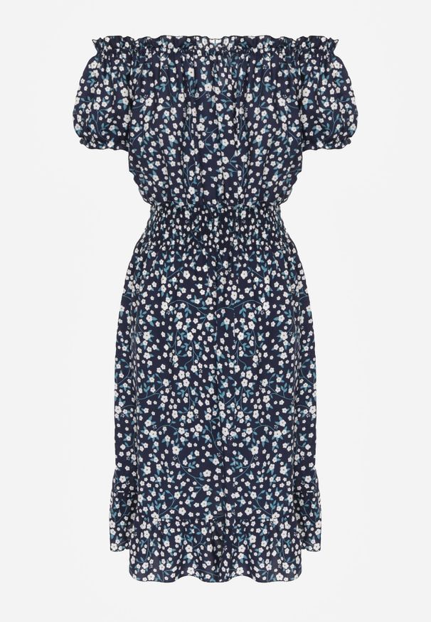 Renee - Granatowa Bawełniana Sukienka Midi Hiszpanka z Gumką w Pasie Dnise. Typ kołnierza: dekolt hiszpanka. Kolor: niebieski. Materiał: bawełna. Długość: midi