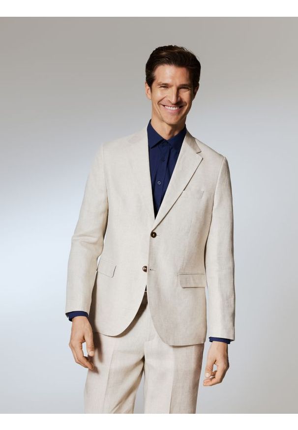 Reserved - Lniana marynarka regular fit - beżowy. Kolor: beżowy. Materiał: len