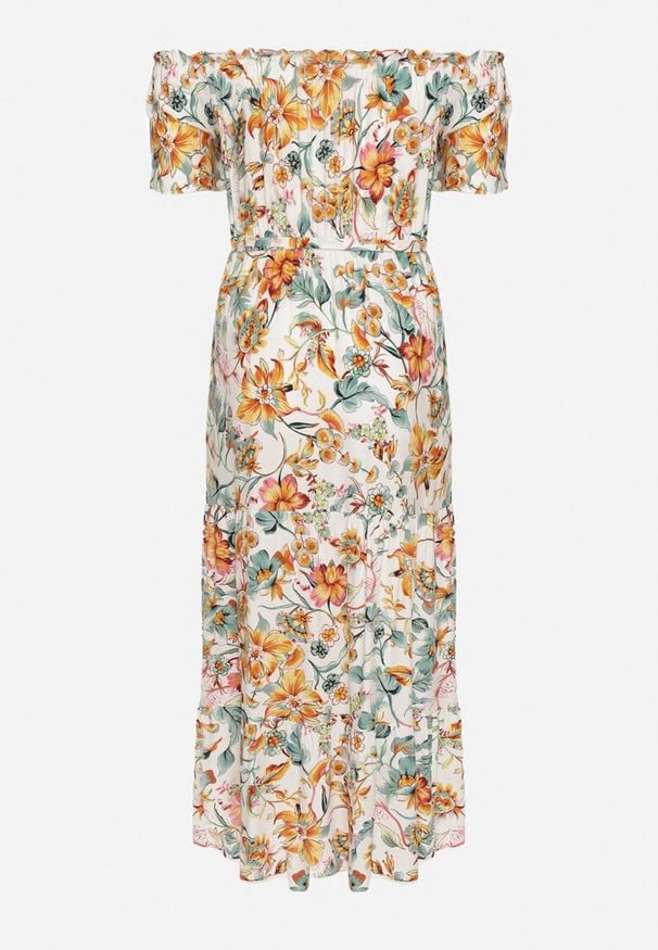 Born2be - Biało-Pomarańczowa Sukienka z Hiszpańskim Dekoltem z Wiązanym Paskiem w Kwiaty z Bawełny Rissanique. Okazja: na co dzień. Kolor: biały. Materiał: bawełna. Wzór: kwiaty. Sezon: lato. Typ sukienki: rozkloszowane. Styl: casual, elegancki