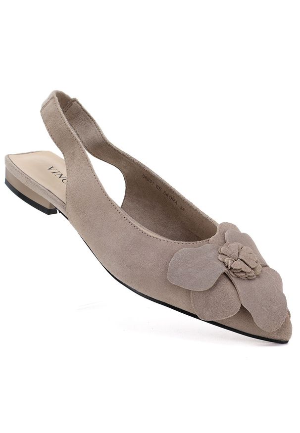 Skórzane sandały damskie z kwiatem beżowe Vinceza 26-66951. Kolor: beżowy. Materiał: skóra. Wzór: kwiaty. Styl: elegancki