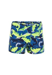 NABAIJI - Bokserki pływackie dla dzieci Nabaiji 500 Fitib All Shark. Kolor: zielony, żółty, niebieski, wielokolorowy. Materiał: poliester, materiał