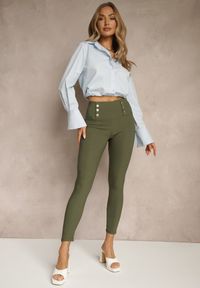 Renee - Ciemnozielone Legginsy High Waist z Ozdobnymi Guzikami Kolowenia. Okazja: na co dzień. Stan: podwyższony. Kolor: zielony. Styl: elegancki, casual