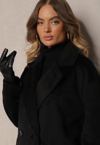 Renee - Czarny Klasyczny Płaszcz o Dwurzędowym Kroju z Kieszeniami Malwilina. Okazja: na co dzień. Kolor: czarny. Materiał: jeans. Wzór: aplikacja. Styl: klasyczny