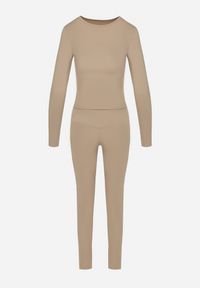 Born2be - Beżowy Komplet Sportowy Legginsy i Bluzka z Długim Rękawem Toretta. Kolor: beżowy. Wzór: aplikacja #4