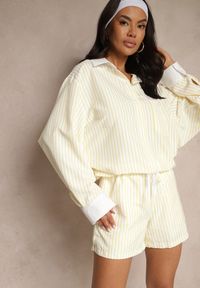 Renee - Żółta Koszula Ozdobiona Kieszonką i Paskami Zarindia. Okazja: na co dzień. Kolor: żółty. Materiał: jeans. Wzór: aplikacja. Styl: klasyczny, casual