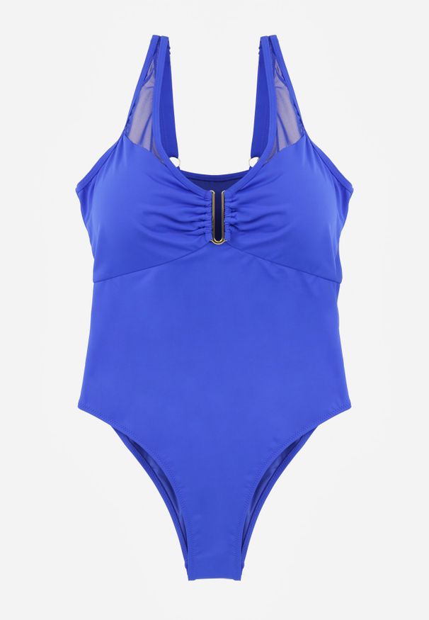 Born2be - Niebieski Strój Kąpielowy Jednoczęściowy z Metaliczną Ozdobą i Marszczeniem Chelviane. Kolekcja: plus size. Kolor: niebieski. Wzór: aplikacja