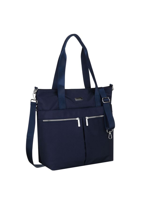 Granatowa, jednokomorowa shopperka damska z poliestru wyposażona w dopinany, regulowany pasek Peterson PTN CTY-19. Kolor: niebieski