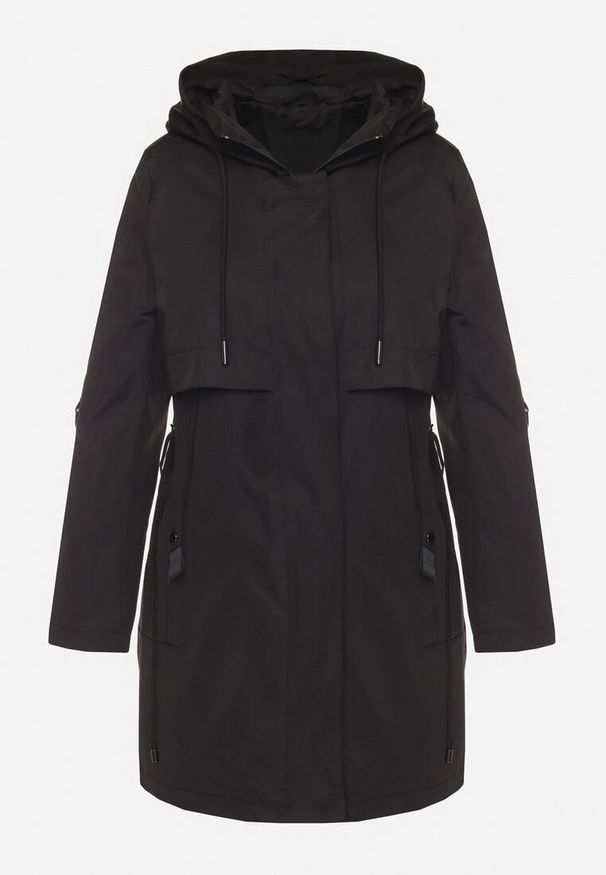 Born2be - Czarny Płaszcz Kurtka Przeciwwiatrowa z Kapturem Amilina. Okazja: na spacer, na co dzień. Typ kołnierza: kaptur. Kolor: czarny. Materiał: jeans, wełna. Wzór: aplikacja. Styl: elegancki, casual