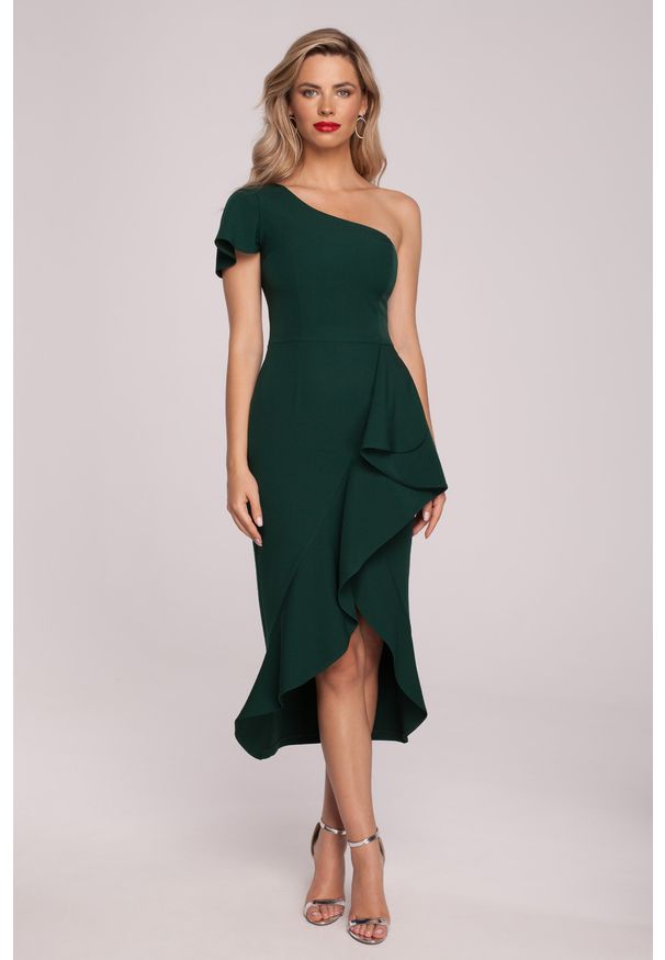Sukienki.shop - Wieczorowa sukienka na jedno ramię z falbanami butelkowa zieleń. Okazja: na ślub cywilny, na imprezę, na wesele. Styl: wizytowy