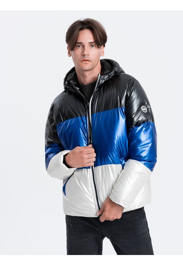 Ombre Clothing - Kurtka męska zimowa trzykolorowa świecąca - grafitowa V6 - Rozmiar: L. Kolor: szary. Materiał: nylon, poliester. Sezon: zima
