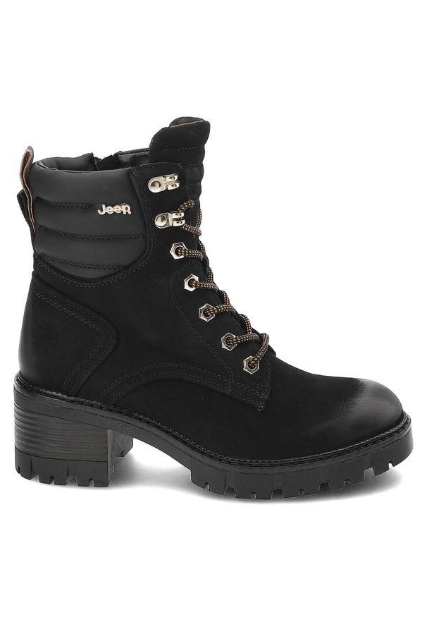 Czarne Botki Jeep Eleganckie Obuwie Damskie Na Obcasie. Okazja: na co dzień. Zapięcie: sznurówki. Kolor: czarny. Materiał: skóra ekologiczna. Szerokość cholewki: normalna. Obcas: na obcasie. Styl: elegancki. Wysokość obcasa: średni