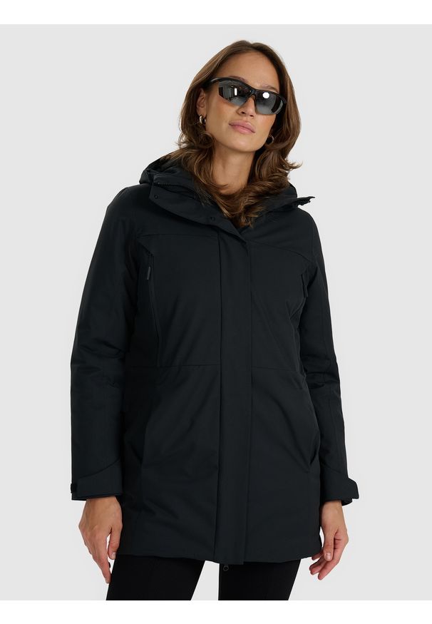 4f - 4F Płaszcz przejściowy membrana 8000 damski - czarny L. Okazja: na co dzień. Kolor: czarny. Materiał: poliester, materiał. Długość: do kolan. Sezon: zima. Styl: casual