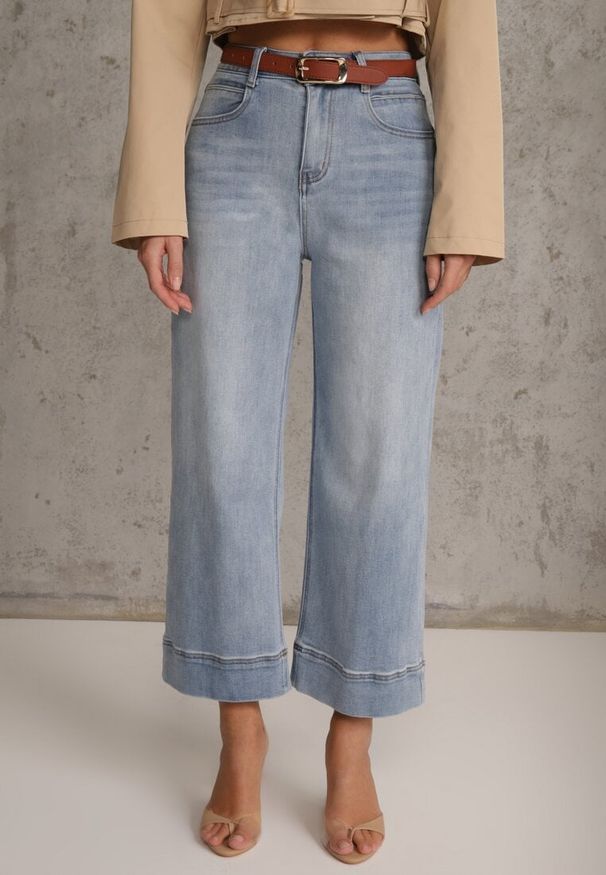 Renee - Niebieskie Szerokie Jeansy Culottes z Bawełną High Waist Ozdobione Przeszyciami Timolis. Okazja: na co dzień. Stan: podwyższony. Kolor: niebieski. Wzór: aplikacja. Styl: casual